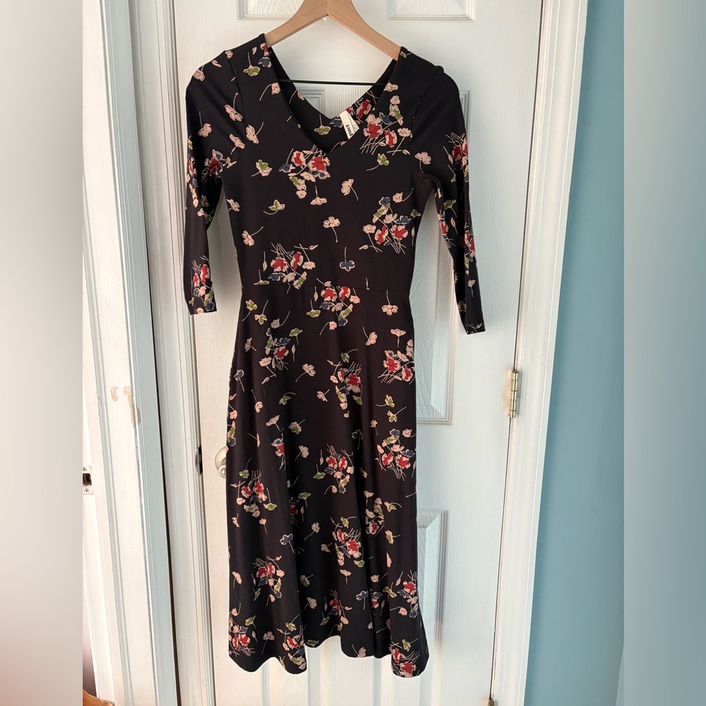 Pact organic cotton floral black fit & flare dress. Midi length, size small.